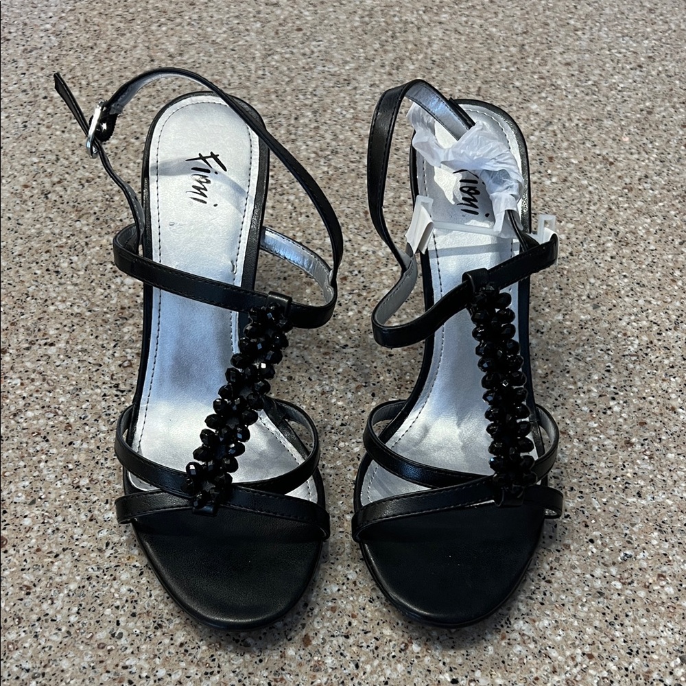FIONI Black Beaded Strappy Heels